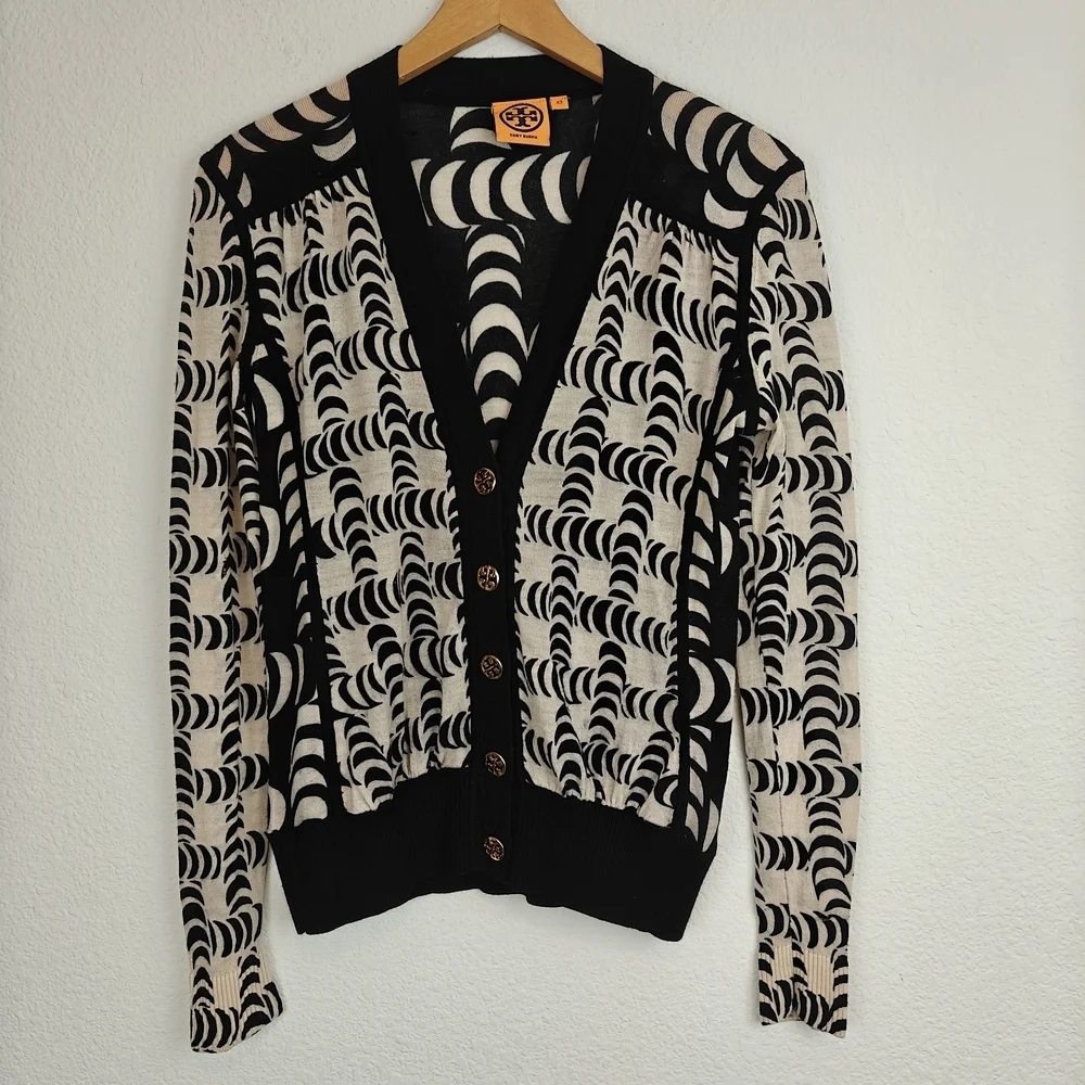 Tory Burch Black & Cream Graphic Wool Cardigan XS | Chic Button Front Statement